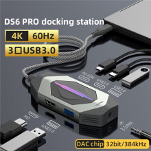 Station D'Accueil 6 en 1 en Alliage D'Aluminium, USB Type-C Vers USB 3.0 384 KHz 32 Bits, Charge Rapide PD 60 W pour PC, Ordinateur Portable et Jeux