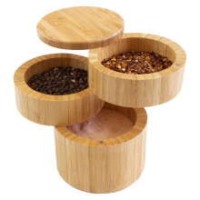 Boîte à Sel et Poivre Triple en Bambou avec Couvercles Pivotants Magnétiques Séparés
