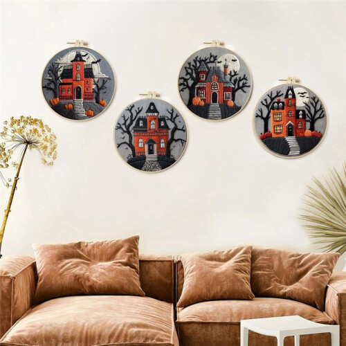 4-Pack Halloween Castle Embroidery Kit for Beginners: Fall Pumpkin and Black Tree Bat -Stitch Kit 1