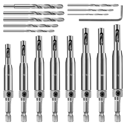 17PCS Self Centering Drill Bit Set for Hinges- 1/4" Hex Shank Vix Bits Self Centering Drill Bit Set for Woodworking Door