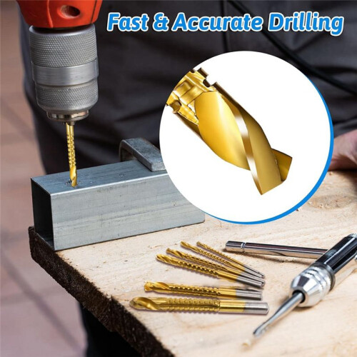 7PCS Titanium Coated HSS Twist Drill Bits, 3-10mm Serrated Side Cutting Drill Bit, Hex Shank Serrated Cutting Drill Bits