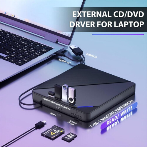 7 in 1 External CD/DVD Drive for Laptop,Slots USB 3.0 Portable CD/DVD Disk Drive Player Burner Reader Writer 2