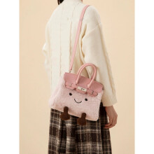 (Pink) Soft Adorable Raccoon Fur Bucket Bag With Colorblock Design Casual Outings For