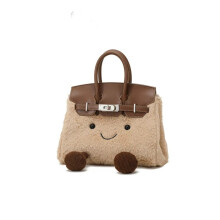 (Khaki) Soft Adorable Raccoon Fur Bucket Bag With Colorblock Design Casual Outings For