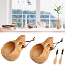 6Pack Nordic Style Wooden Cup Kuksa Cup Portable Outdoor Camping Drinking Mug Wooden Coffee Cup with Wooden Spoon
