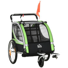 Remorque vélo et poussette 2 en 1 pour enfants avec ceinture, poches et drapeau, verte