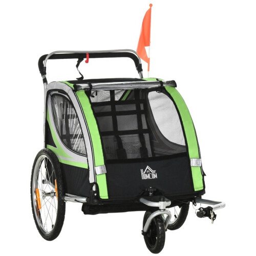 Carrinho de bebê e reboque para bicicleta 2 em 1 com cinto, bolsos e bandeira, verde