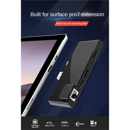 ROCKETEK Docking Station for Surface Pro 7, 7-in-1 Hub, USB 3.0 X 2, USB-C 60W PD Charging Capability, Card Reader 2
