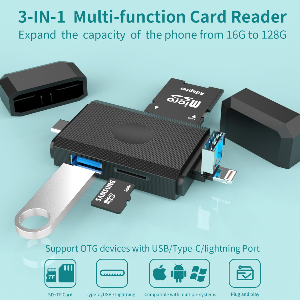 3-In-1 Memory Card Reader - Rncyn - 3 Sdxc Connectors, Micro - Compatible With Windows, Mac Os - Usb-A 3.0 And Type-C Grey 9486689740245
