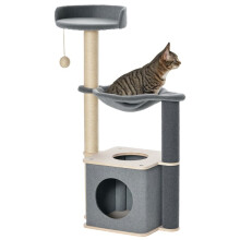 95 cm hoge krabpaal voor katten, kattenspeelrek met meerdere verdiepingen, inclusief huisje, speelbal, mand en sisaltouwen.
