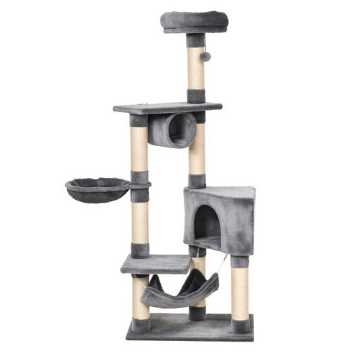 Arranhador para gatos com cama, rede e postes de sisal, cinza