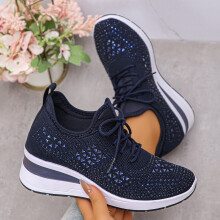 (dark blue, 36) Women's Shiny Rhinestone Wedge Sneakers Breathable Knit Non Slip Walking Shoes Woman Plus Size Fashion Thick Sole White Sneakers