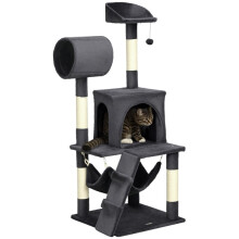 Krabpaal met krabgedeelte, kattenhuis, hangmat, bed, tunnel en speelbal, donkergrijs