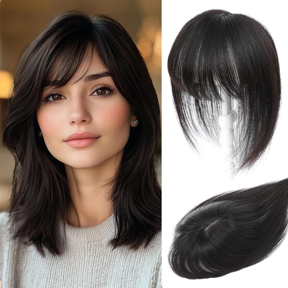(Natural Black) 100% Human Hair Toppers for Women, Real Hair Fringe Clip in Human Hair, Clip in Bangs with Thinning Hairpieces for Women 10