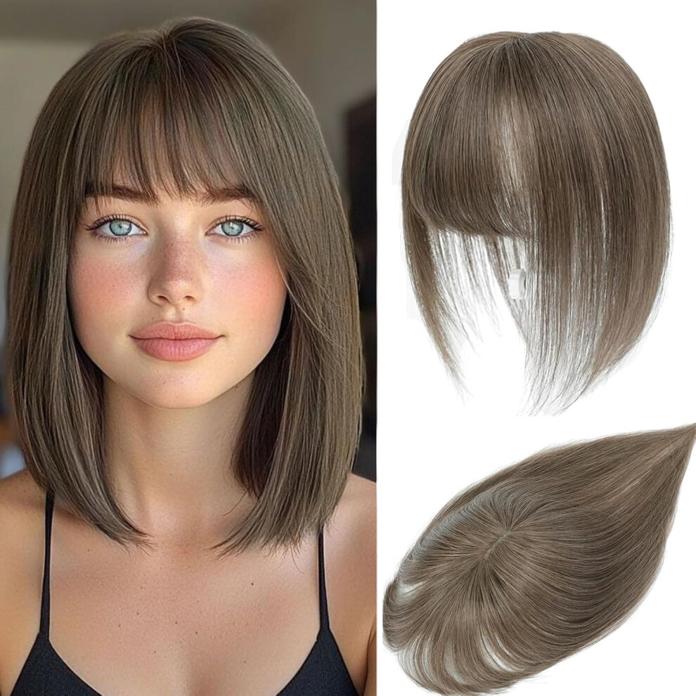(Medium Auburn Brown) 100% Human Hair Toppers for Women, Real Hair Fringe Clip in Human Hair, Clip in Bangs with Thinning Hairpieces for Women 10