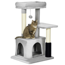 Krabpaal met meerdere verdiepingen, kattenmand en -huisje, pluche voering, grijs