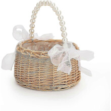 Cesta de mimbre y ratán para niña de las flores con asa de perlas, 6.5 - 7.8 pulgadas. Bonita cesta de Pascua con diseño de lazo.