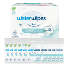 WaterWipes Sensitive+ On The Go Wipes, 100 Pack (10 Packs), 3-in-1 Cleans, Nourishes, Protects, 99.