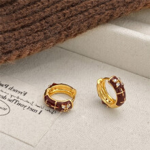 (Style C) Vintage Enamel Hoop Earrings with Tiny Crystal Accents, Huggie Snap Closure Fashion Ear Jewelry