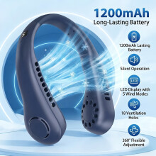 (Blue) USB Wearable Fan, 360 All-Round Air Conditioner Fan, 2 Independent Air Outlets, Strong Airflow, Equipped with Digital Display