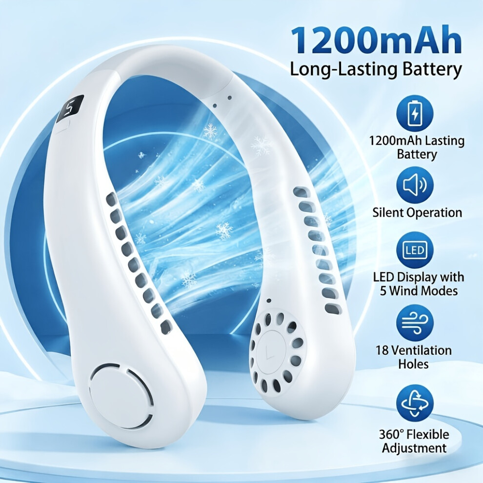 (White) Usb Wearable Fan, 360 All-Round Air Conditioner Fan, 2 Independent Air Outlets, Strong Airflow, Equipped With Digital Display 6244618051175