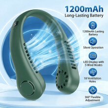(Green) USB Wearable Fan, 360 All-Round Air Conditioner Fan, 2 Independent Air Outlets, Strong Airflow, Equipped with Digital Display
