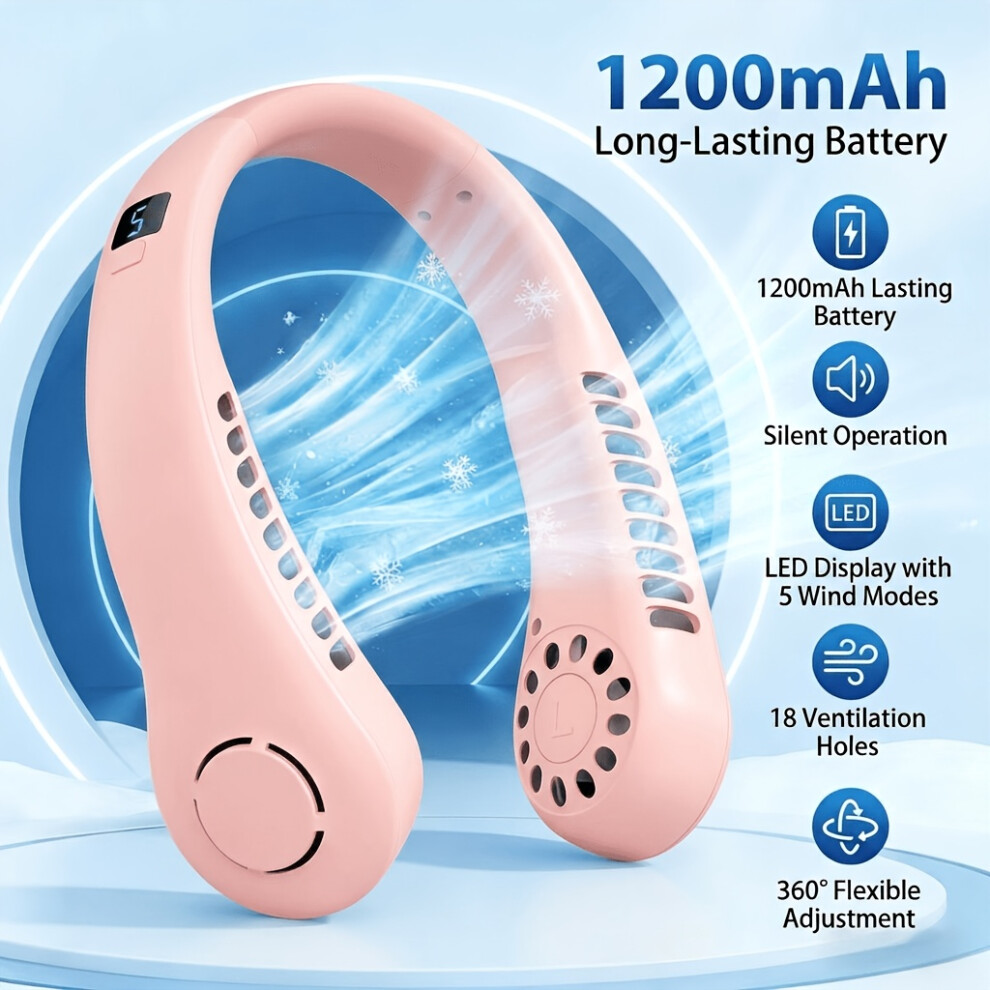 (Pink) Usb Wearable Fan, 360 All-Round Air Conditioner Fan, 2 Independent Air Outlets, Strong Airflow, Equipped With Digital Display 6244618051168