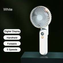 (white) New Portable Handheld Fan Foldable Quiet Brushless Motor Long Life 5 Strong Speed Wind Power Rechargeable Personal Small Fan with