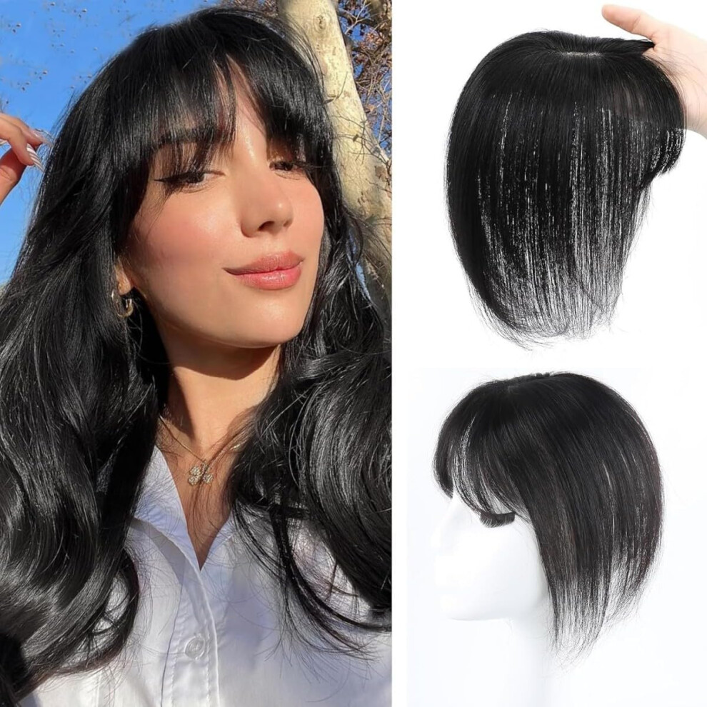 (Natural Black Bangs) 100% Real Human Hair Toppers for Women with Thinning Hair, Natural Brown Clip-in Hairpieces for Adding Volume, Breathable