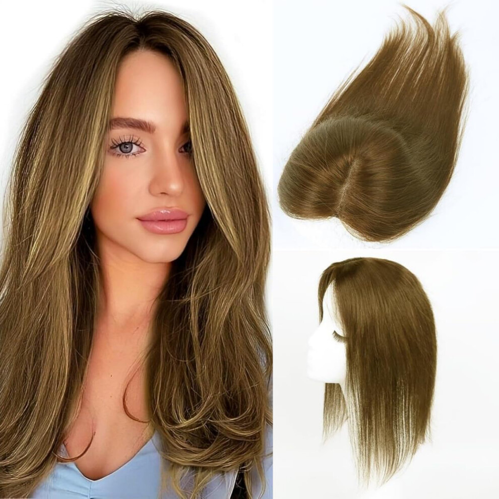 (Light Brown Toppers) 100% Real Human Hair Toppers for Women with Thinning Hair, Natural Brown Clip-in Hairpieces for Adding Volume, Breathable
