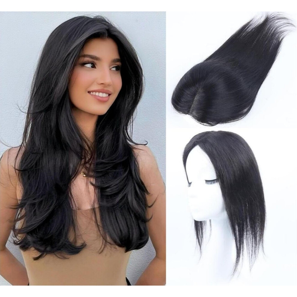 (Natural Black Toppers) 100% Real Human Hair Toppers for Women with Thinning Hair, Natural Brown Clip-in Hairpieces for Adding Volume, Breathable