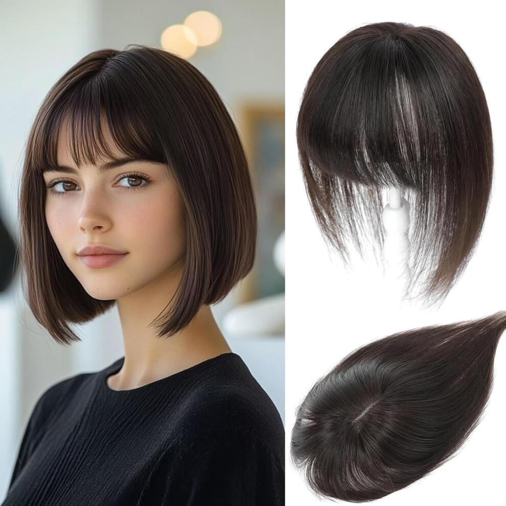 (Dark Brown) 100% Human Hair Toppers for Women, Real Hair Fringe Clip in Human Hair, Clip in Bangs with Thinning Hairpieces for Women 10
