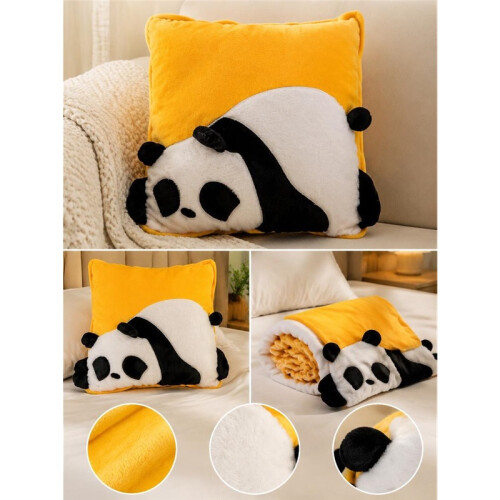 Cuscino-coperta a forma di panda giallo 38x38 cm, morbido e soffice.
