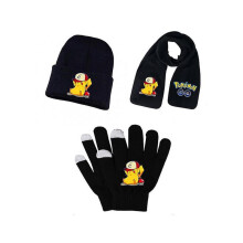 (set 3) (set 2) Adult Students Autumn Winter Kid Hat Scarf Glove Set Pokemon Pikachu Anime Cartoon Printing Cosplay Touch Screen Riding Gloves