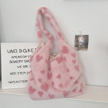 (Light Pink Tote) Comfy And Cute Heart Design Plush Shoulder Bag Chic And Spacious Use Daily For
