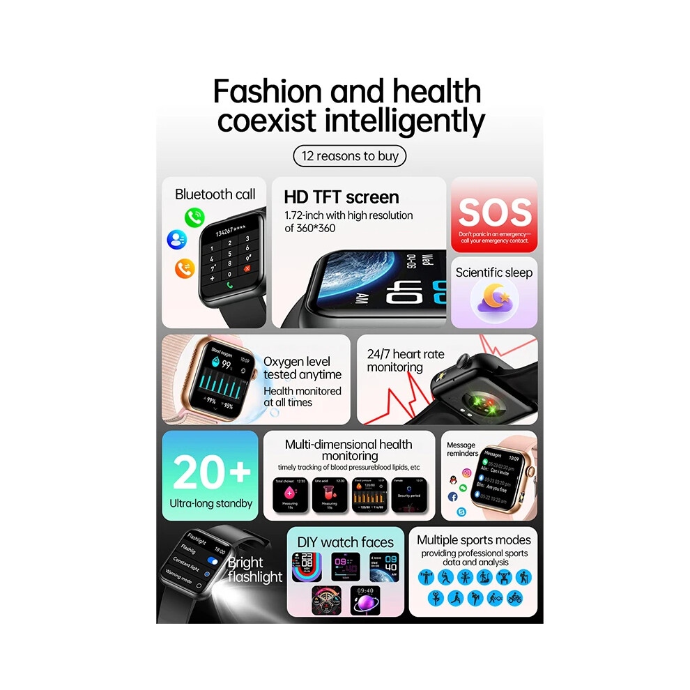 Smart Watch Bluetooth Call Ai Voice 1.72" Hd Screen Micro Gheck Heart Rate Blood Pressure Oxygen Smartwatch 6900890399670