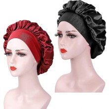 Lot de 2 bonnets de nuit en satin, bonnets de nuit en soie, bonnets de nuit en satin, bonnets de nuit pour femmes (noir + bordeaux)
