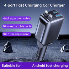 4 in 1 Retractable Car Charger 69W Fast Charging USB C Car Charger with 2 Built-in Cables Dual Car Charger Adapter