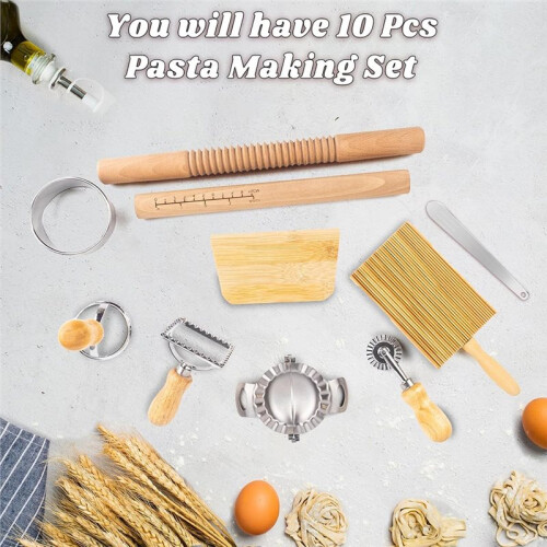 10-Delige Pastamaakset: Houten Deegrollers, Gnocchiplank, Dumplingmaker en Meer
