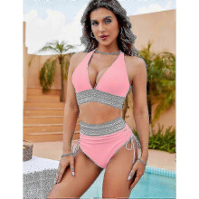 (S, Pink) Women High Waisted Bikini Sets Tummy Control Swimsuits Color Block Two Piece Drawstring Bathing Suit