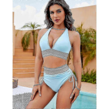 (XL, Blue) Women High Waisted Bikini Sets Tummy Control Swimsuits Color Block Two Piece Drawstring Bathing Suit