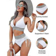 (XL, White) Women High Waisted Bikini Sets Tummy Control Swimsuits Color Block Two Piece Drawstring Bathing Suit