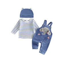 (0-3 Months, Blue) Baby Boys Fall Outfit Long Sleeve Crew Neck Striped Tops Animal Suspender Pants Hat