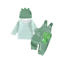 (6-12 Months, Green) Baby Boys Fall Outfit Long Sleeve Crew Neck Striped Tops Animal Suspender Pants Hat