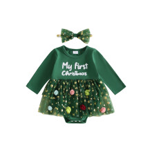 (12-18 Months, Green) Baby Girl Christmas Outfits Letter Embroidered Star Long Sleeve Tulle Romper Dress and Bow Headband 2 Piece Set