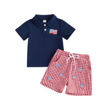 (2-3 Years, Blue) Toddler Baby Boy 4th of July Outfit American Flag/Popsicle Pattern Short Sleeve T-Shirt and Plaid Shorts 2 Pcs Set