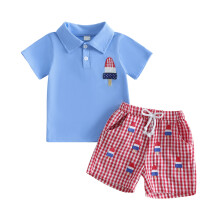 (2-3 Years, Sky Blue) Toddler Baby Boy 4th of July Outfit American Flag/Popsicle Pattern Short Sleeve T-Shirt and Plaid Shorts 2 Pcs Set