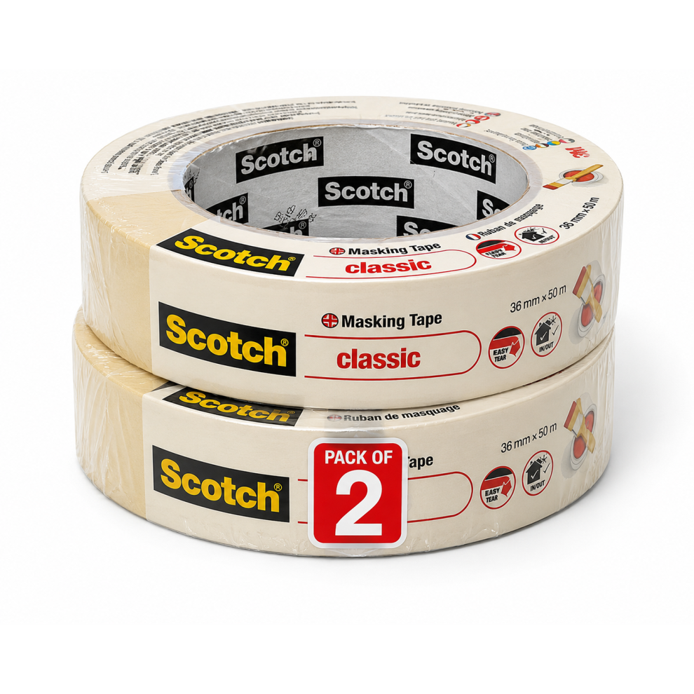 3M Scotch Masking Tape Classic Tape 2X Rolls 36Mm X 50Mtr White