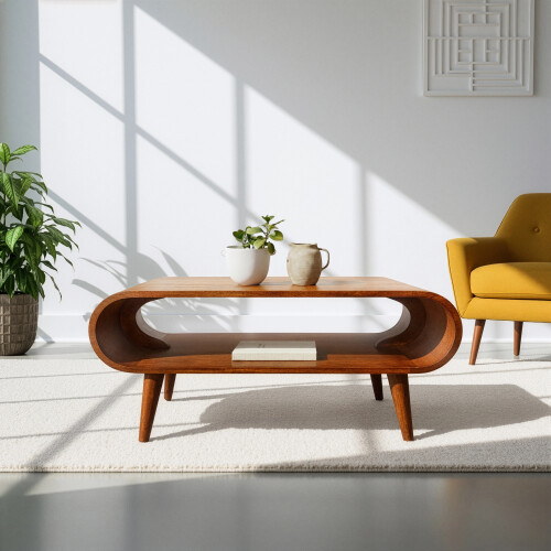 Minimalist Oval Wood Coffee Table with Open Shelf