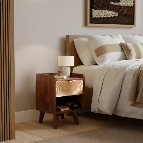 Mid-Century Wood Bedside Table with Gold Drawer